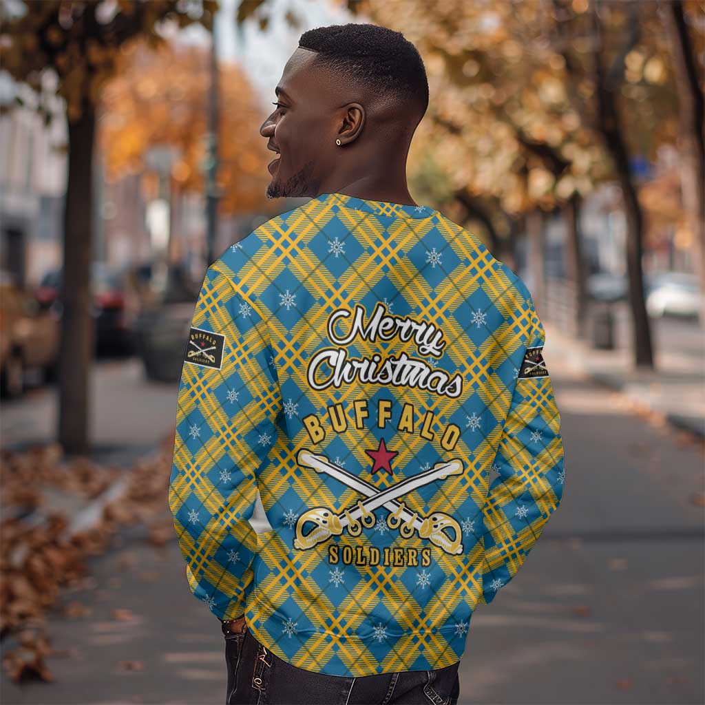 Buffalo Soldiers Christmas Sweatshirt Blue Yellow Plaid Parade Illustration Design - African Pride