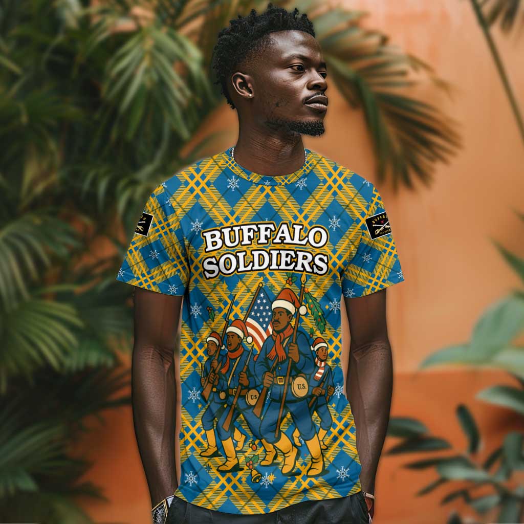 Buffalo Soldiers Christmas T shirt Blue Yellow Plaid Parade Illustration Design - African Pride