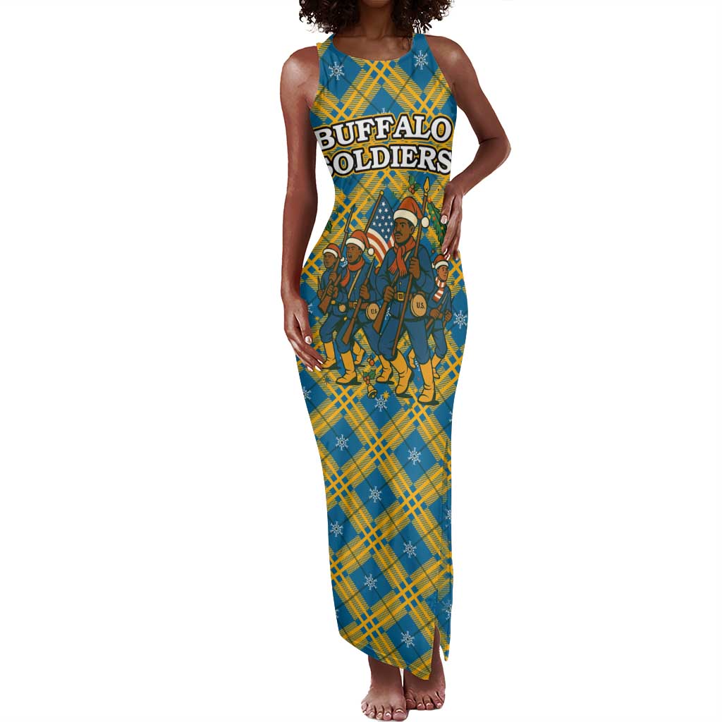 Buffalo Soldiers Christmas Tank Maxi Dress Blue Yellow Plaid Parade Illustration Design - African Pride