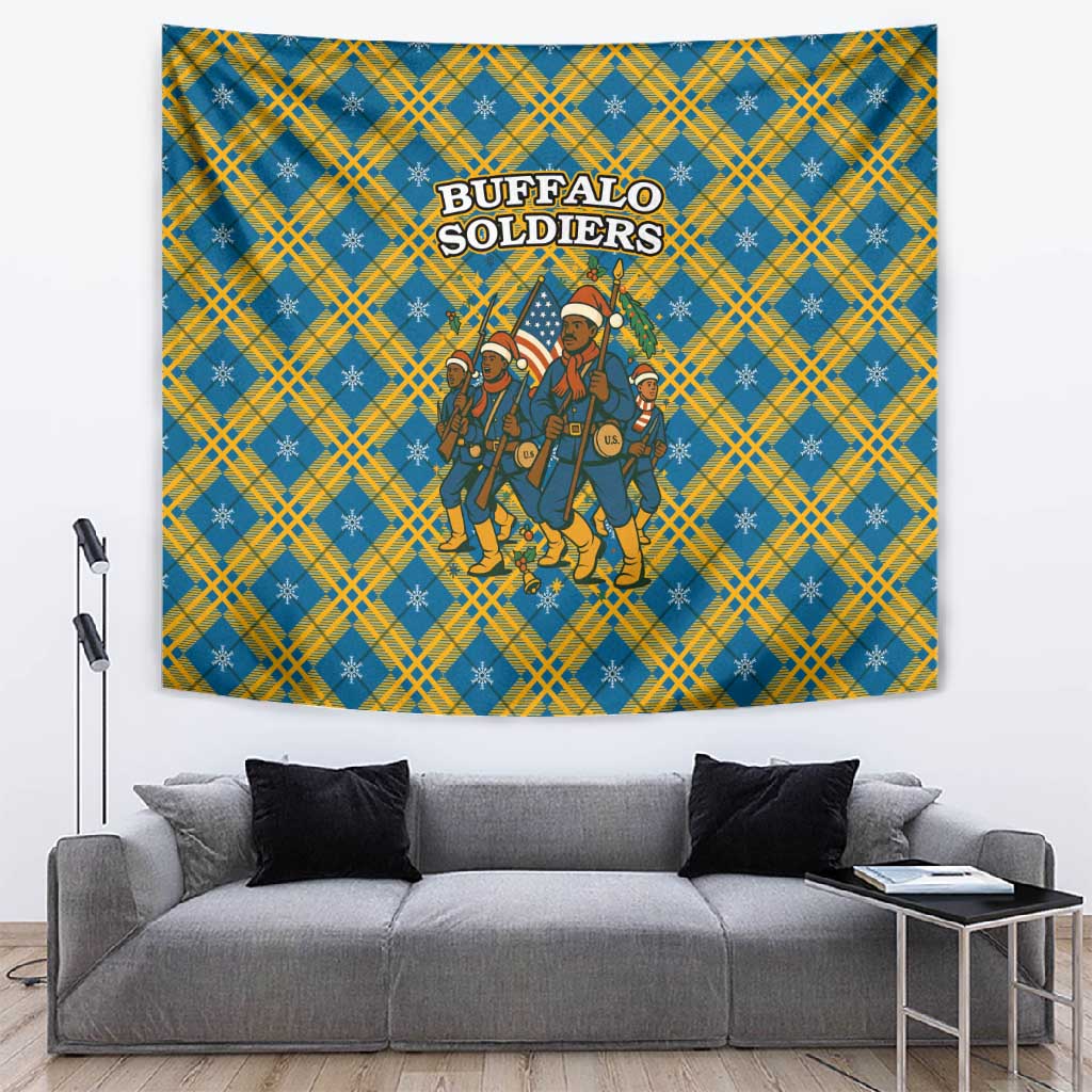 Buffalo Soldiers Christmas Tapestry Blue Yellow Plaid Parade Illustration Design - African Pride