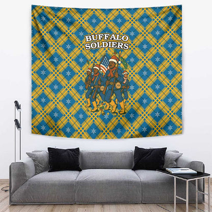 Buffalo Soldiers Christmas Tapestry Blue Yellow Plaid Parade Illustration Design - African Pride