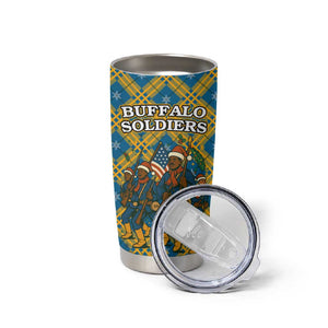 Buffalo Soldiers Christmas Tumbler Cup Blue Yellow Plaid Parade Illustration Design - African Pride