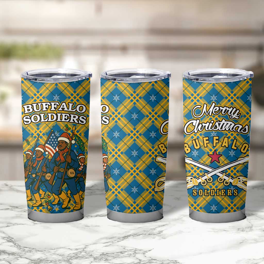 Buffalo Soldiers Christmas Tumbler Cup Blue Yellow Plaid Parade Illustration Design - African Pride