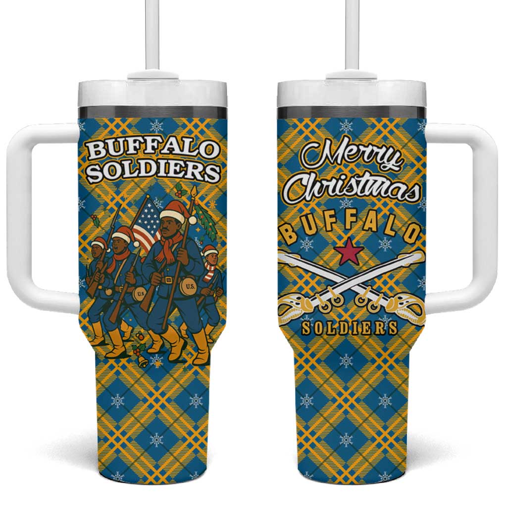 Buffalo Soldiers Christmas Tumbler With Handle Blue Yellow Plaid Parade Illustration Design - African Pride