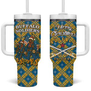 Buffalo Soldiers Christmas Tumbler With Handle Blue Yellow Plaid Parade Illustration Design - African Pride