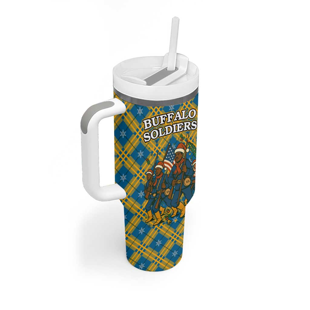 Buffalo Soldiers Christmas Tumbler With Handle Blue Yellow Plaid Parade Illustration Design - African Pride