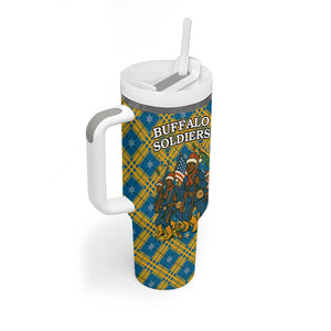 Buffalo Soldiers Christmas Tumbler With Handle Blue Yellow Plaid Parade Illustration Design - African Pride