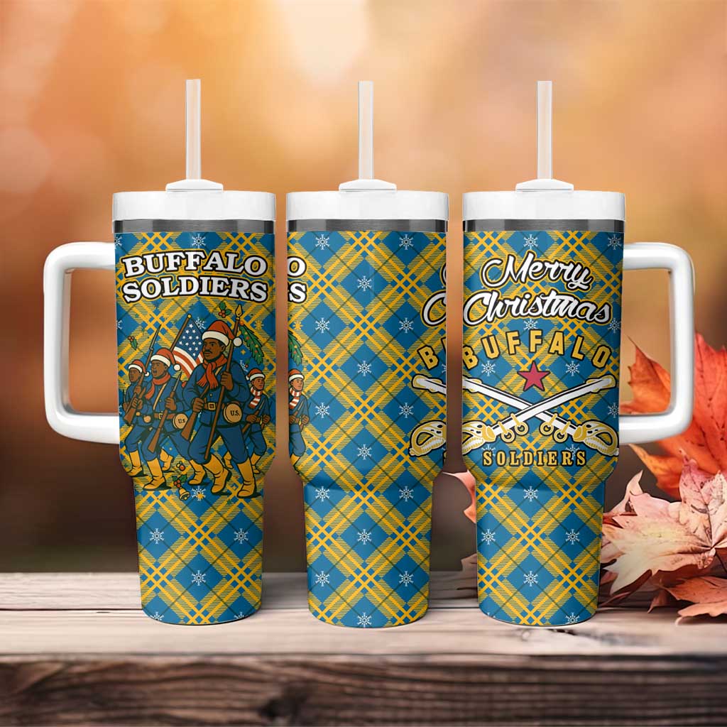 Buffalo Soldiers Christmas Tumbler With Handle Blue Yellow Plaid Parade Illustration Design - African Pride
