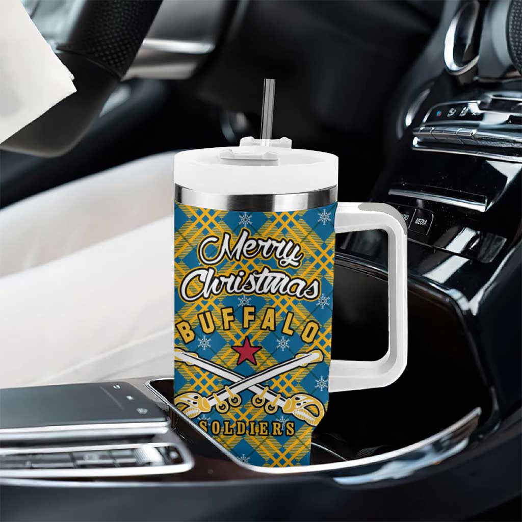 Buffalo Soldiers Christmas Tumbler With Handle Blue Yellow Plaid Parade Illustration Design - African Pride