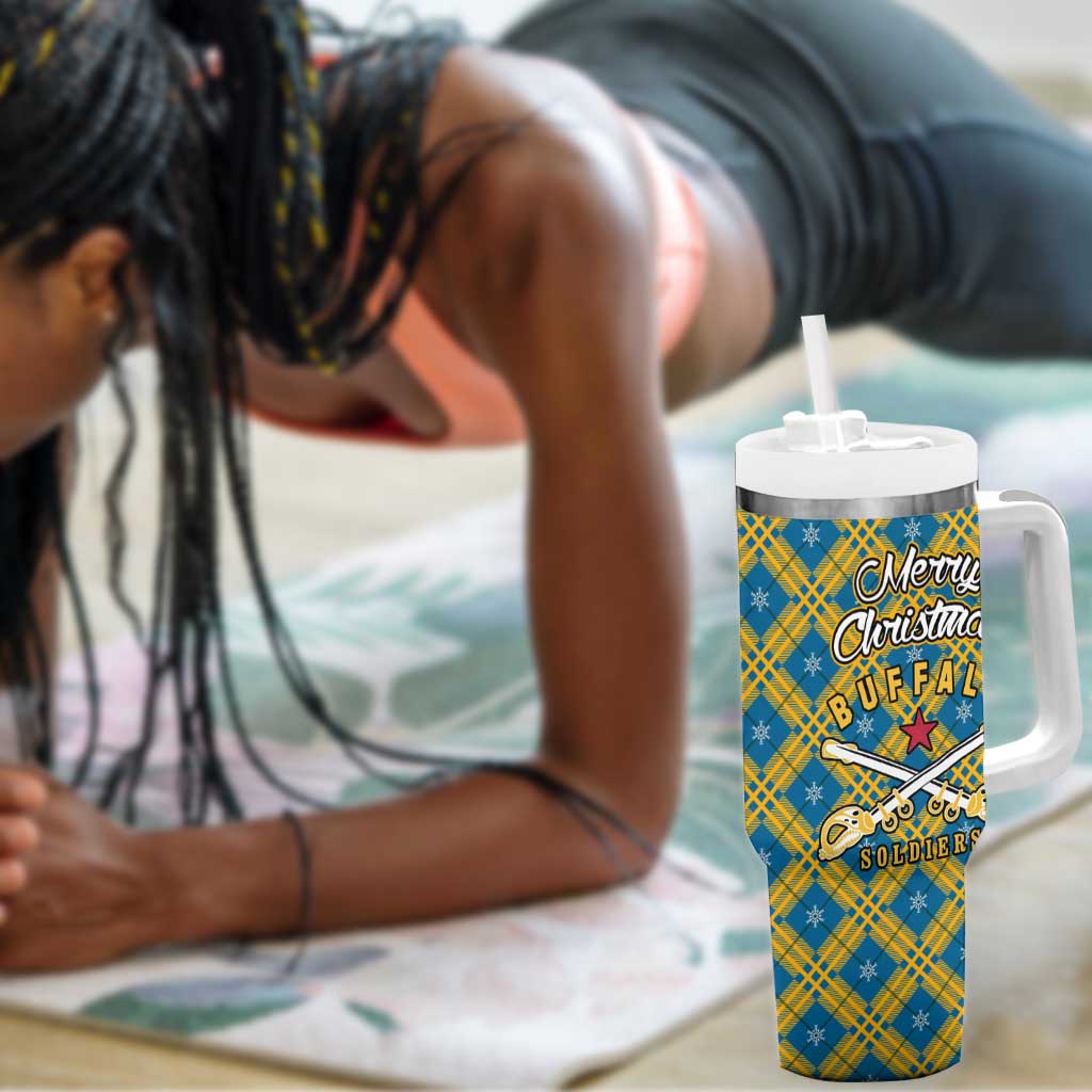 Buffalo Soldiers Christmas Tumbler With Handle Blue Yellow Plaid Parade Illustration Design - African Pride
