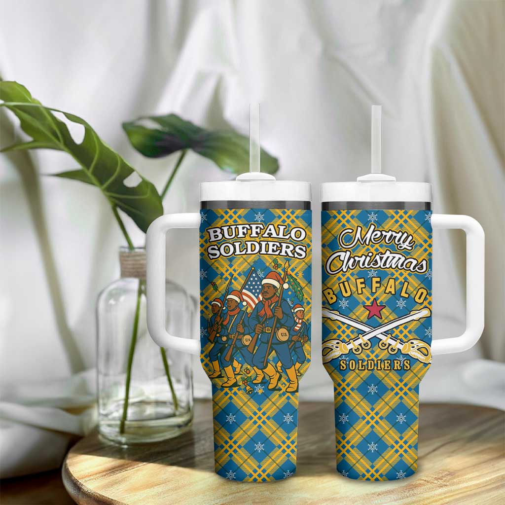Buffalo Soldiers Christmas Tumbler With Handle Blue Yellow Plaid Parade Illustration Design - African Pride