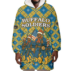 Buffalo Soldiers Christmas Wearable Blanket Hoodie Blue Yellow Plaid Parade Illustration Design - African Pride