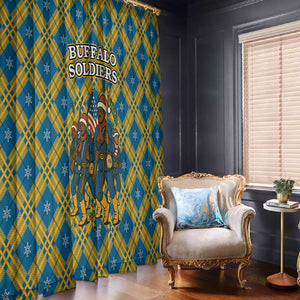 Buffalo Soldiers Christmas Window Curtain Blue Yellow Plaid Parade Illustration Design - African Pride