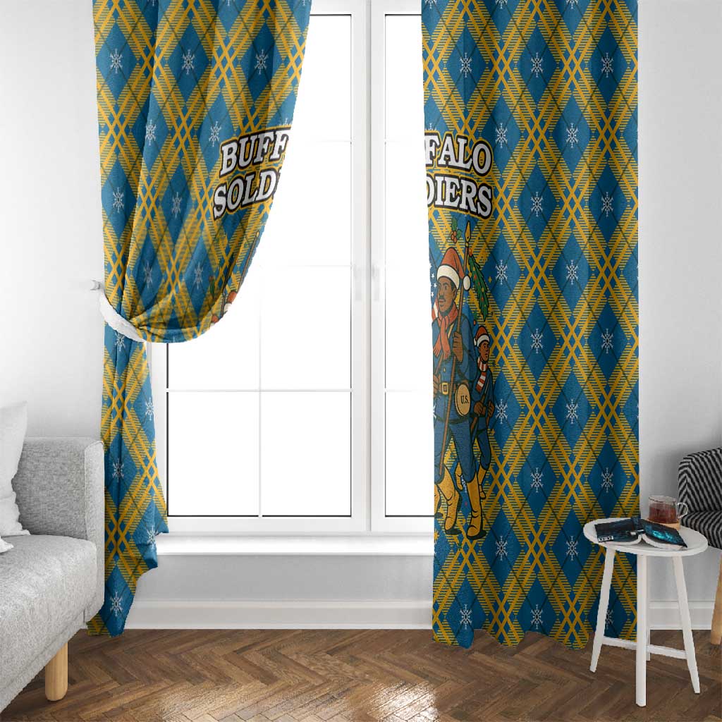 Buffalo Soldiers Christmas Window Curtain Blue Yellow Plaid Parade Illustration Design - African Pride