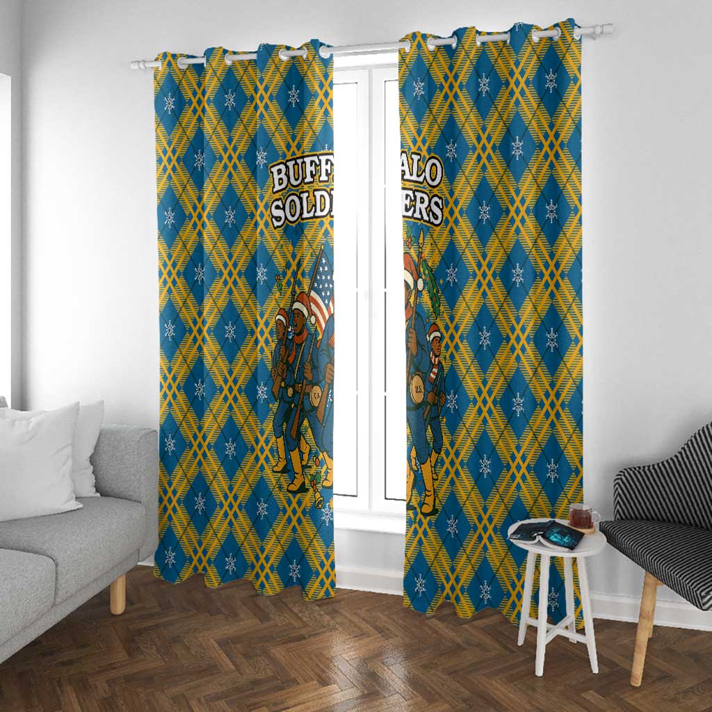 Buffalo Soldiers Christmas Window Curtain Blue Yellow Plaid Parade Illustration Design - African Pride