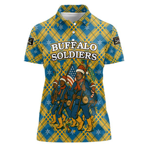 Buffalo Soldiers Christmas Women Polo Shirt Blue Yellow Plaid Parade Illustration Design - African Pride