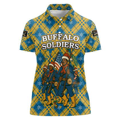 Buffalo Soldiers Christmas Women Polo Shirt Blue Yellow Plaid Parade Illustration Design - African Pride