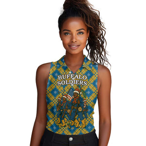 Buffalo Soldiers Christmas Women Sleeveless Polo Shirt Blue Yellow Plaid Parade Illustration Design - African Pride