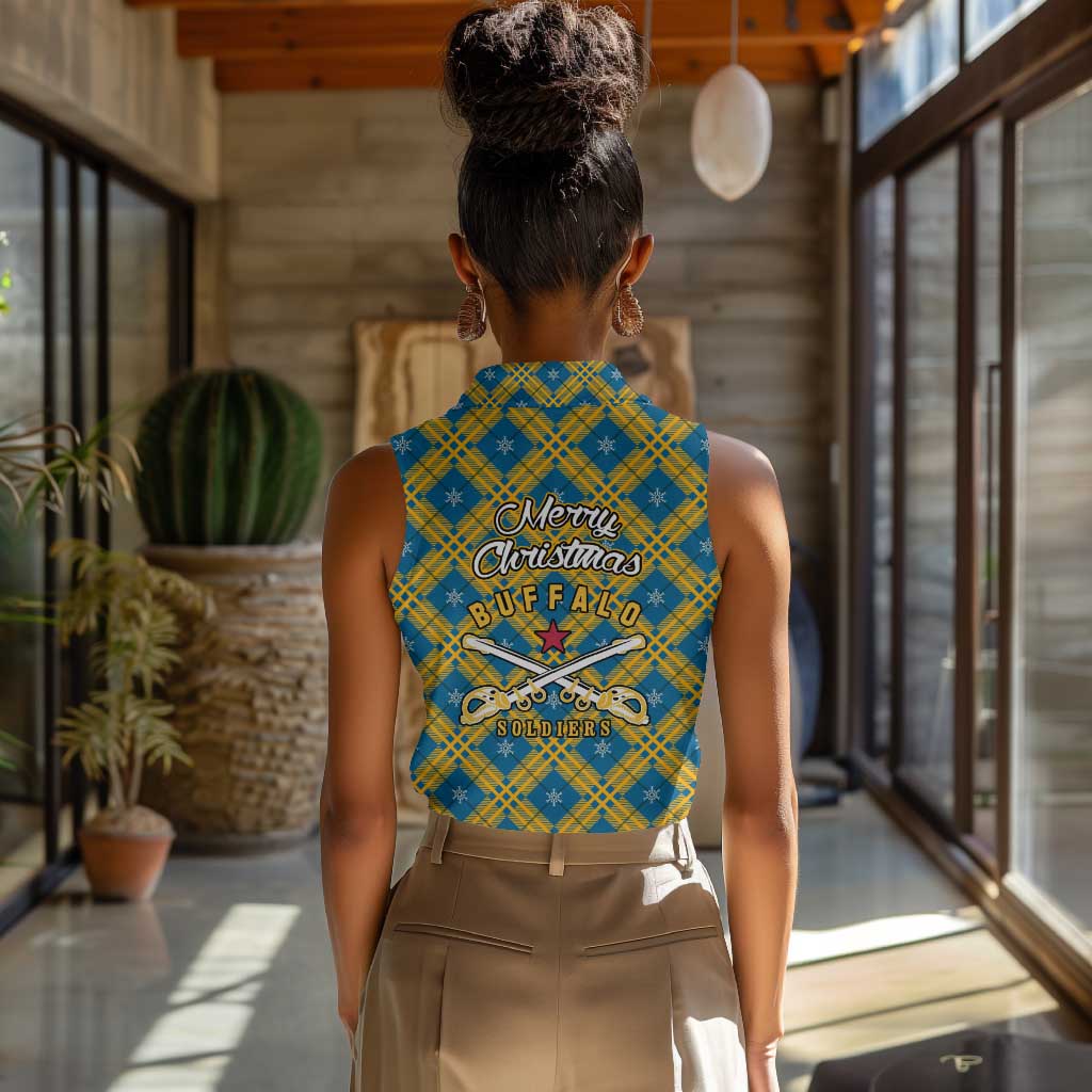 Buffalo Soldiers Christmas Women Sleeveless Polo Shirt Blue Yellow Plaid Parade Illustration Design - African Pride