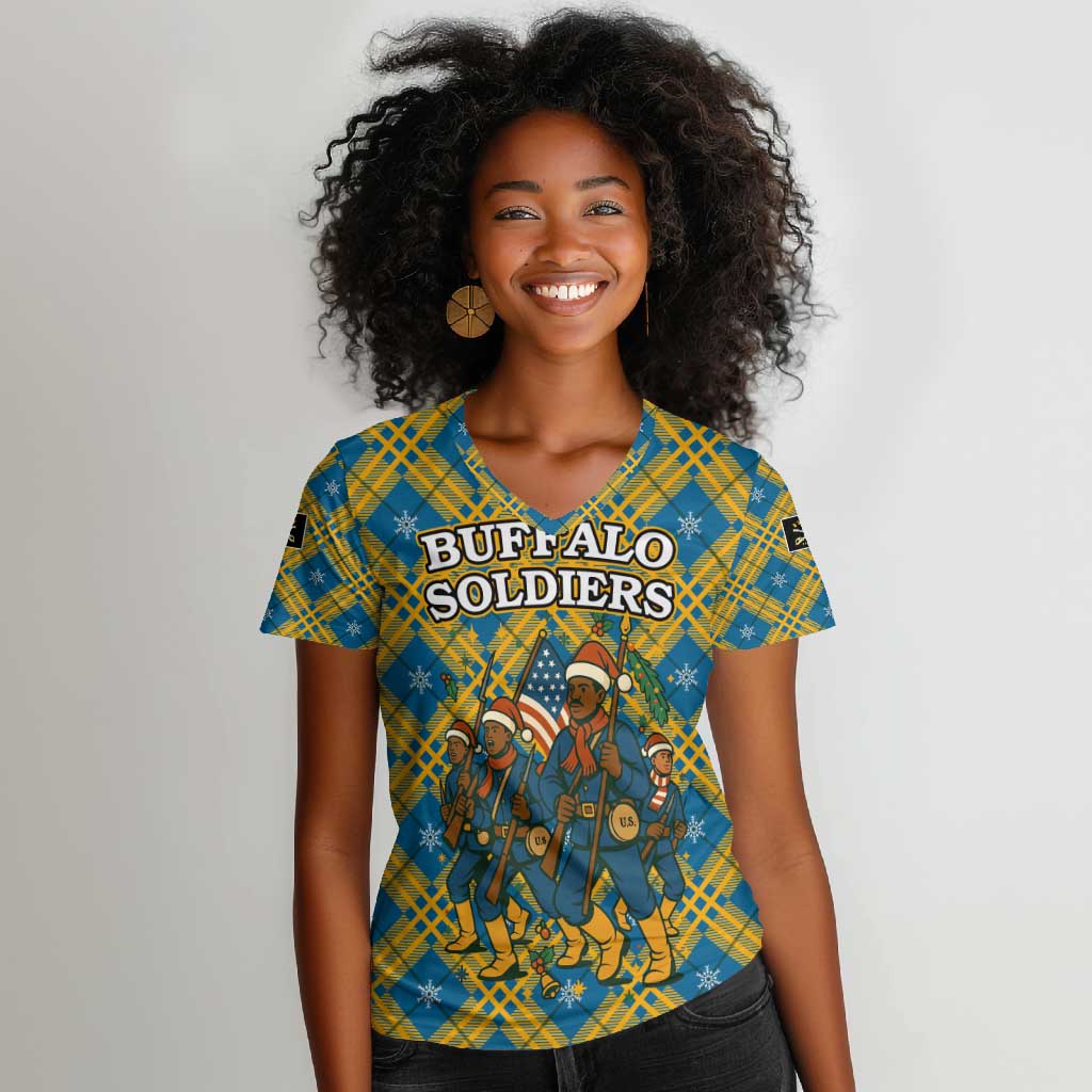 Buffalo Soldiers Christmas Women V-Neck T-Shirt Blue Yellow Plaid Parade Illustration Design - African Pride