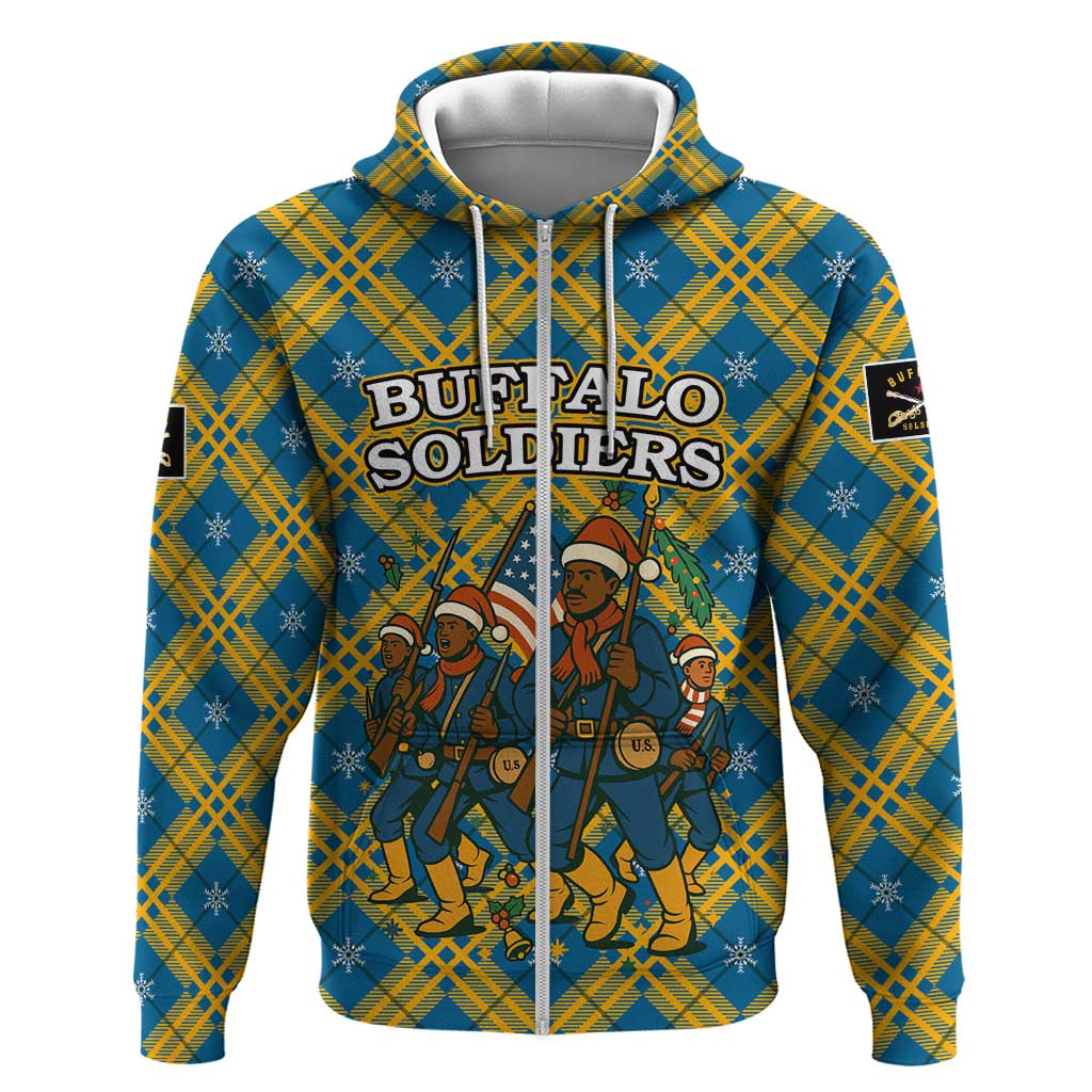 Buffalo Soldiers Christmas Zip Hoodie Blue Yellow Plaid Parade Illustration Design - African Pride