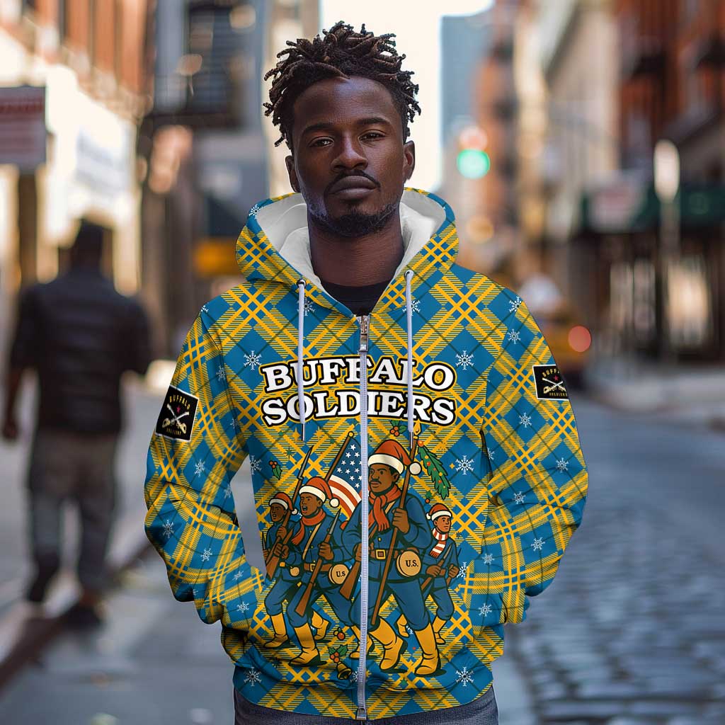 Buffalo Soldiers Christmas Zip Hoodie Blue Yellow Plaid Parade Illustration Design - African Pride