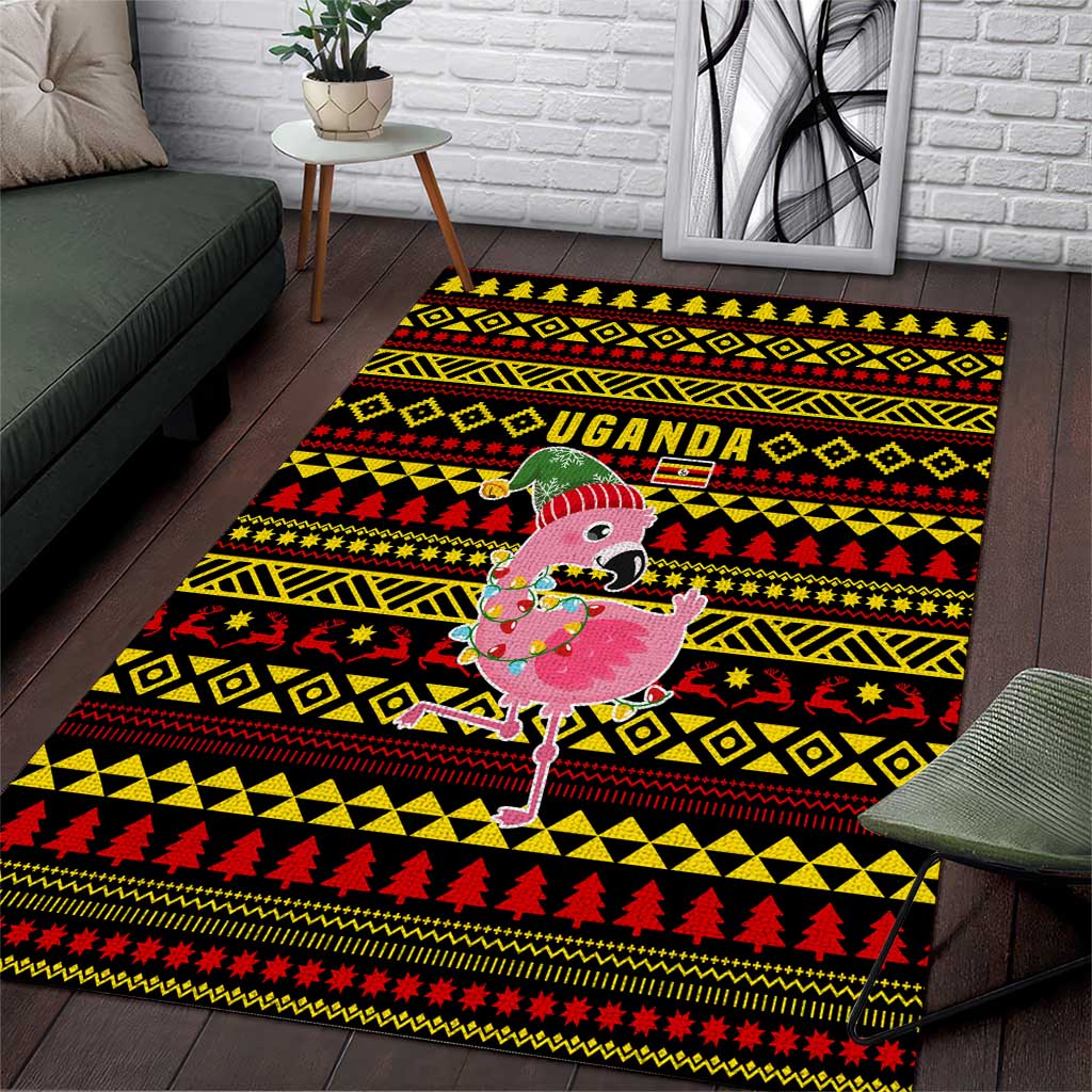 Uganda Christmas Area Rug Flamingo Lights Uganda Flag and Black Red Yellow - African Pride