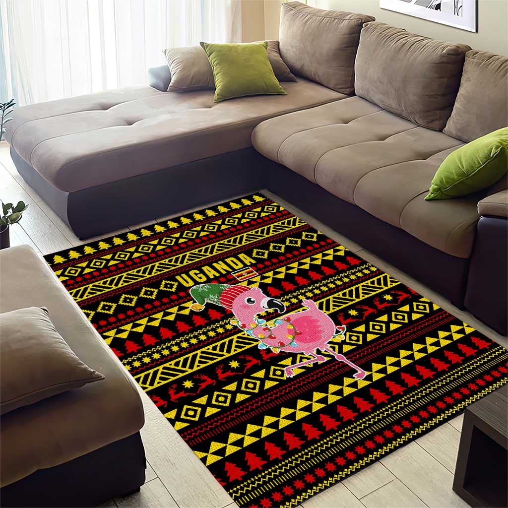 Uganda Christmas Area Rug Flamingo Lights Uganda Flag and Black Red Yellow - African Pride