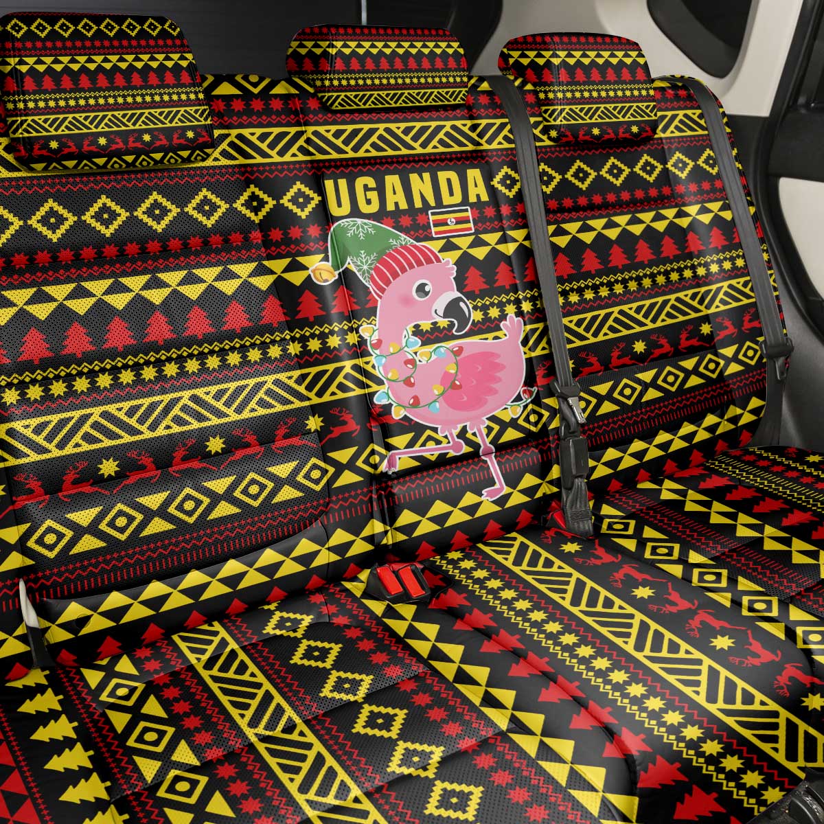 Uganda Christmas Back Car Seat Cover Flamingo Lights Uganda Flag and Black Red Yellow - African Pride