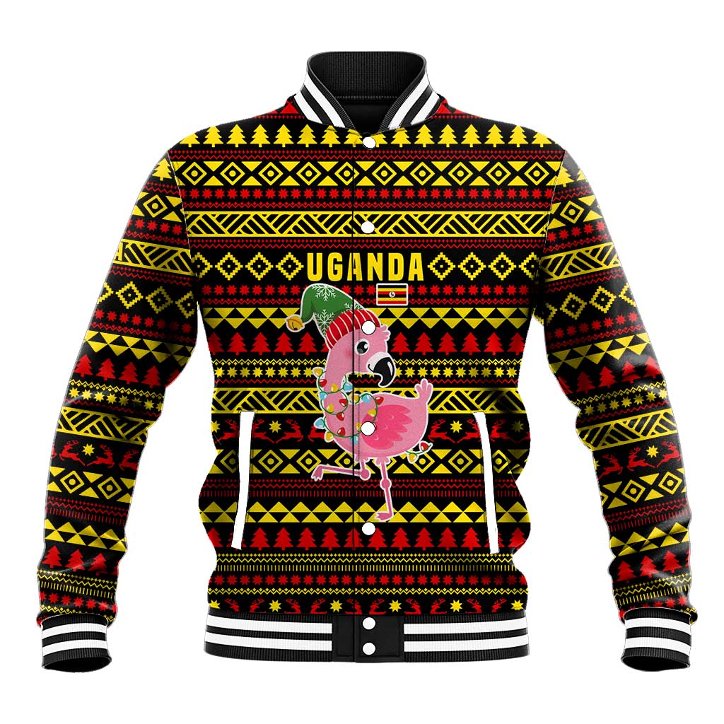 Uganda Christmas Baseball Jacket Flamingo Lights Uganda Flag and Black Red Yellow - African Pride