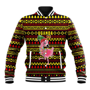 Uganda Christmas Baseball Jacket Flamingo Lights Uganda Flag and Black Red Yellow - African Pride