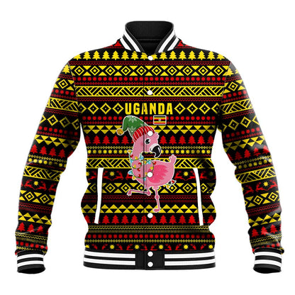 Uganda Christmas Baseball Jacket Flamingo Lights Uganda Flag and Black Red Yellow - African Pride