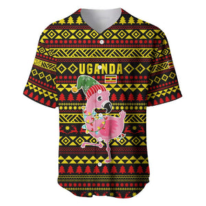 Uganda Christmas Baseball Jersey Flamingo Lights Uganda Flag and Black Red Yellow - African Pride