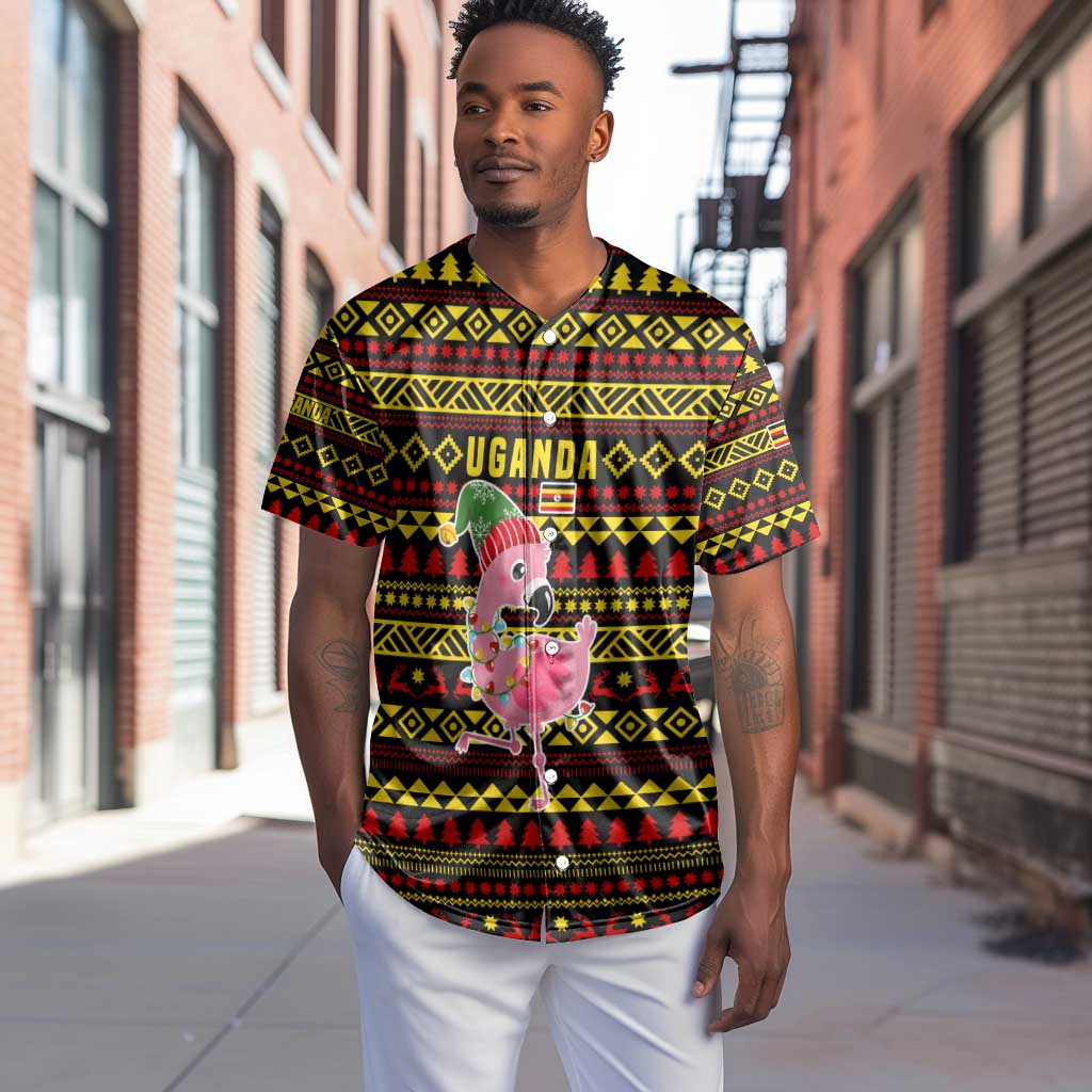 Uganda Christmas Baseball Jersey Flamingo Lights Uganda Flag and Black Red Yellow - African Pride