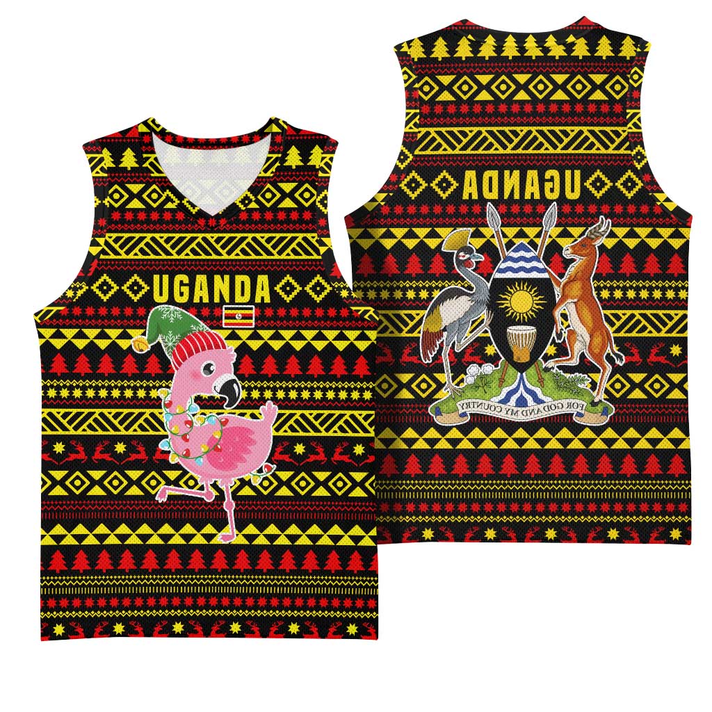 Uganda Christmas Basketball Jersey Flamingo Lights Uganda Flag and Black Red Yellow - African Pride