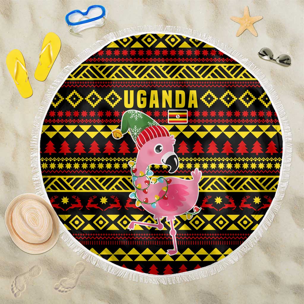Uganda Christmas Beach Blanket Flamingo Lights Uganda Flag and Black Red Yellow - African Pride