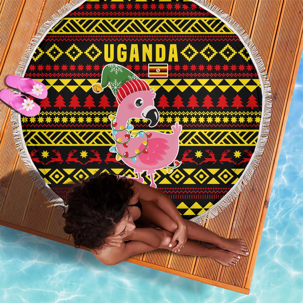 Uganda Christmas Beach Blanket Flamingo Lights Uganda Flag and Black Red Yellow - African Pride