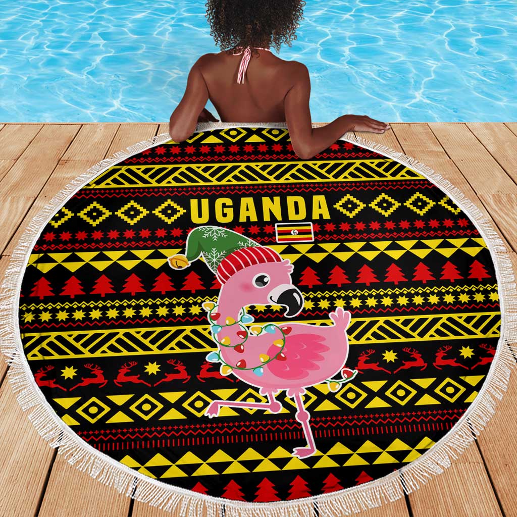Uganda Christmas Beach Blanket Flamingo Lights Uganda Flag and Black Red Yellow - African Pride