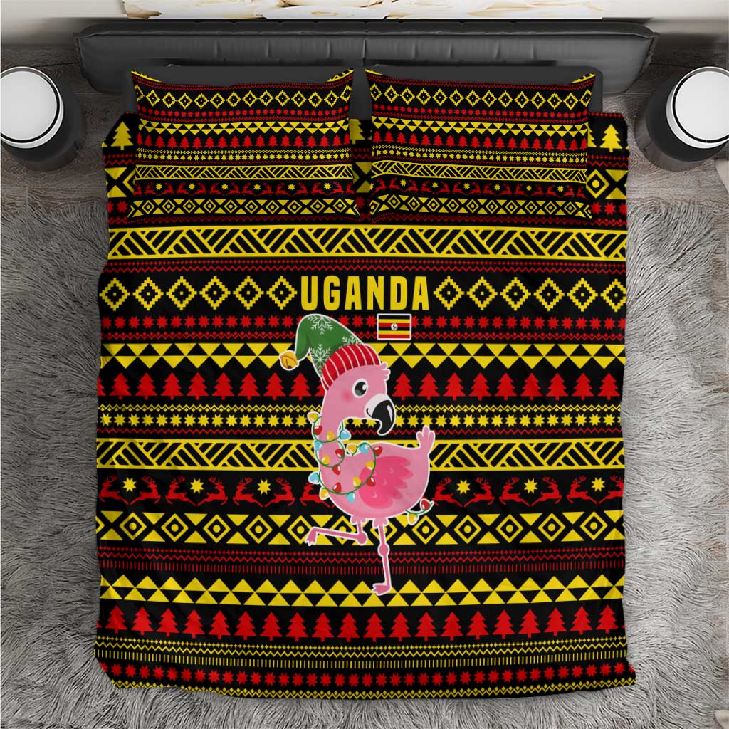Uganda Christmas Bedding Set Flamingo Lights Uganda Flag and Black Red Yellow - African Pride