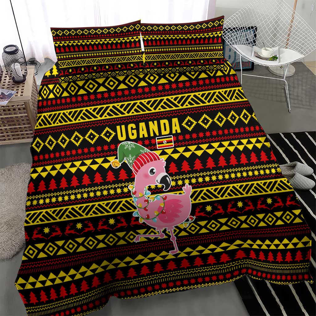 Uganda Christmas Bedding Set Flamingo Lights Uganda Flag and Black Red Yellow - African Pride