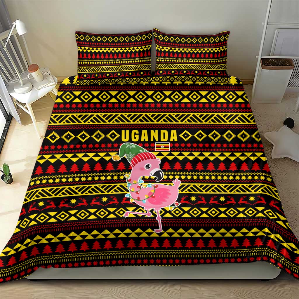 Uganda Christmas Bedding Set Flamingo Lights Uganda Flag and Black Red Yellow - African Pride