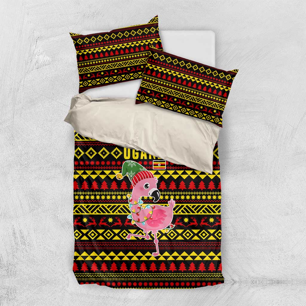 Uganda Christmas Bedding Set Flamingo Lights Uganda Flag and Black Red Yellow - African Pride
