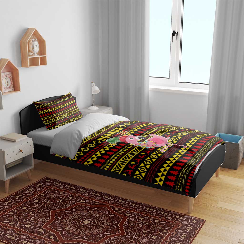 Uganda Christmas Bedding Set Flamingo Lights Uganda Flag and Black Red Yellow - African Pride