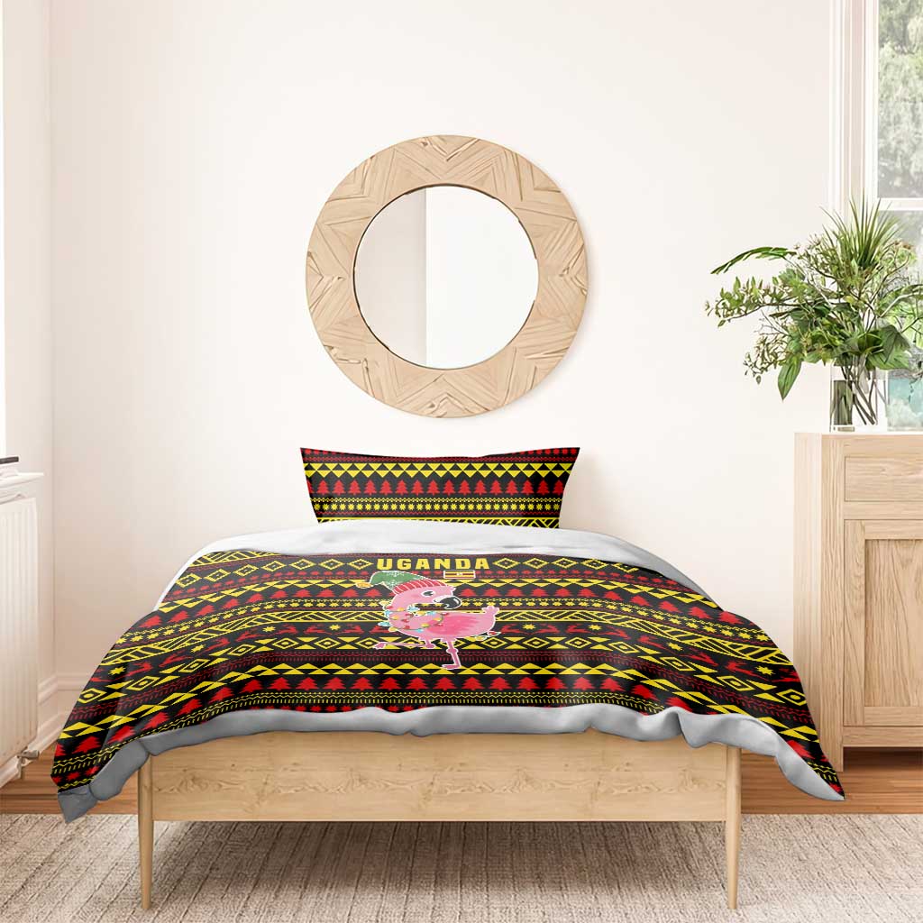 Uganda Christmas Bedding Set Flamingo Lights Uganda Flag and Black Red Yellow - African Pride