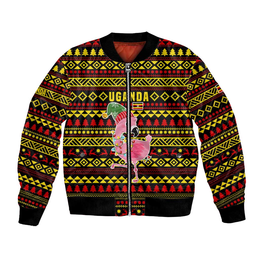 Uganda Christmas Bomber Jacket Flamingo Lights Uganda Flag and Black Red Yellow - African Pride