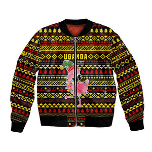 Uganda Christmas Bomber Jacket Flamingo Lights Uganda Flag and Black Red Yellow - African Pride