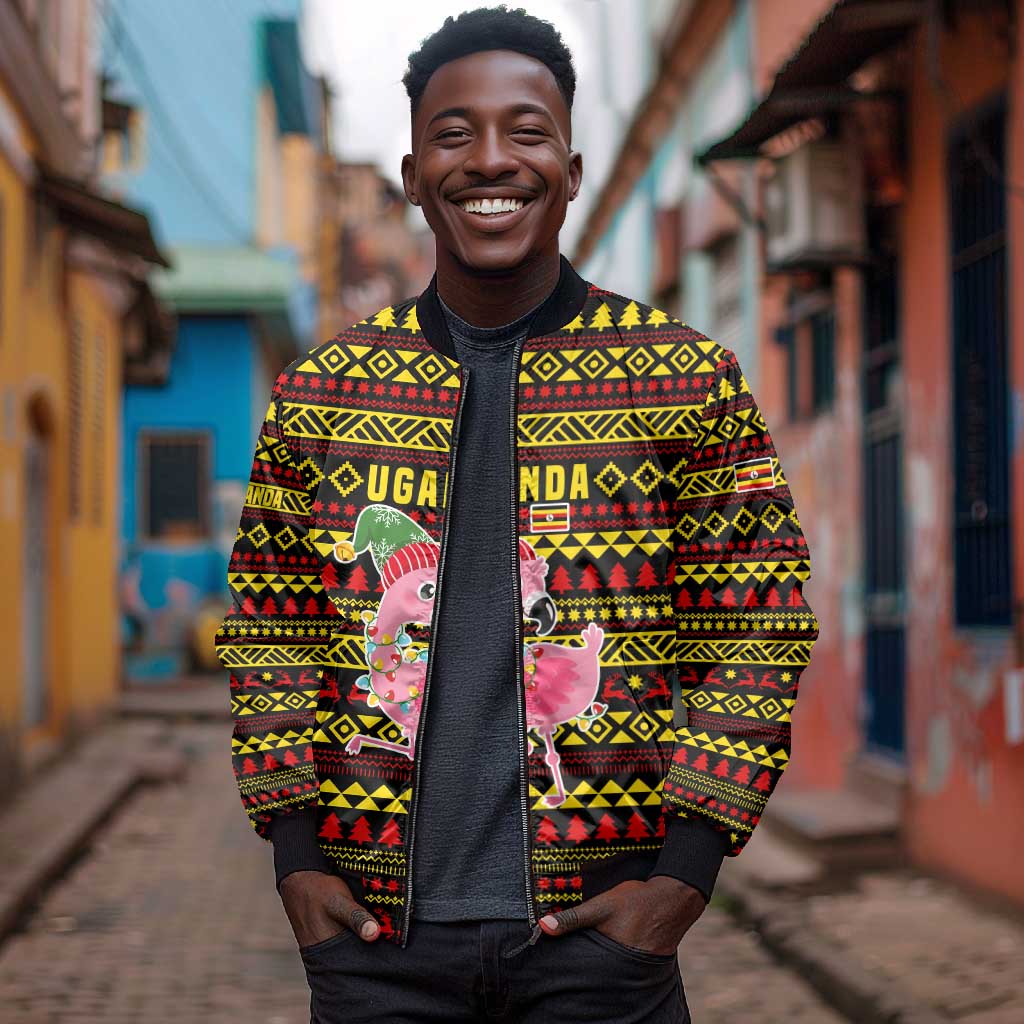Uganda Christmas Bomber Jacket Flamingo Lights Uganda Flag and Black Red Yellow - African Pride