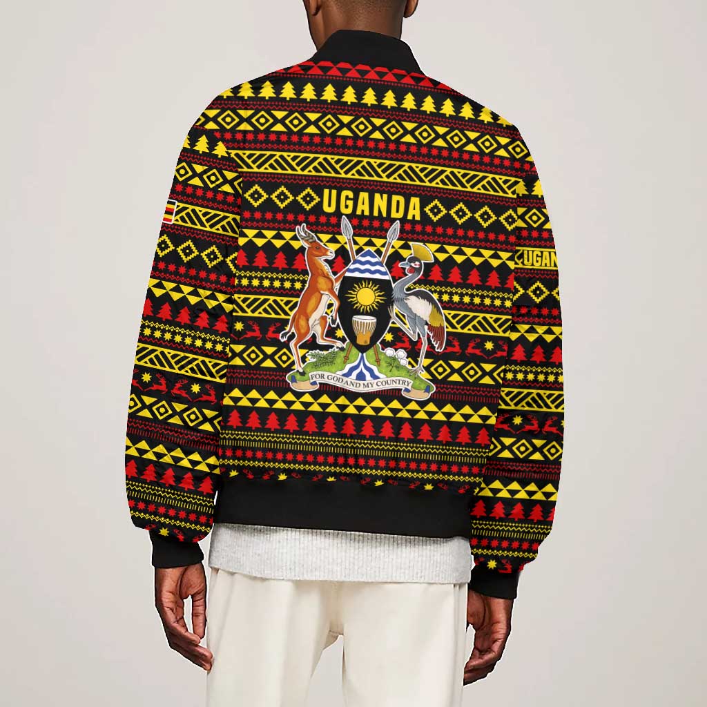 Uganda Christmas Bomber Jacket Flamingo Lights Uganda Flag and Black Red Yellow - African Pride