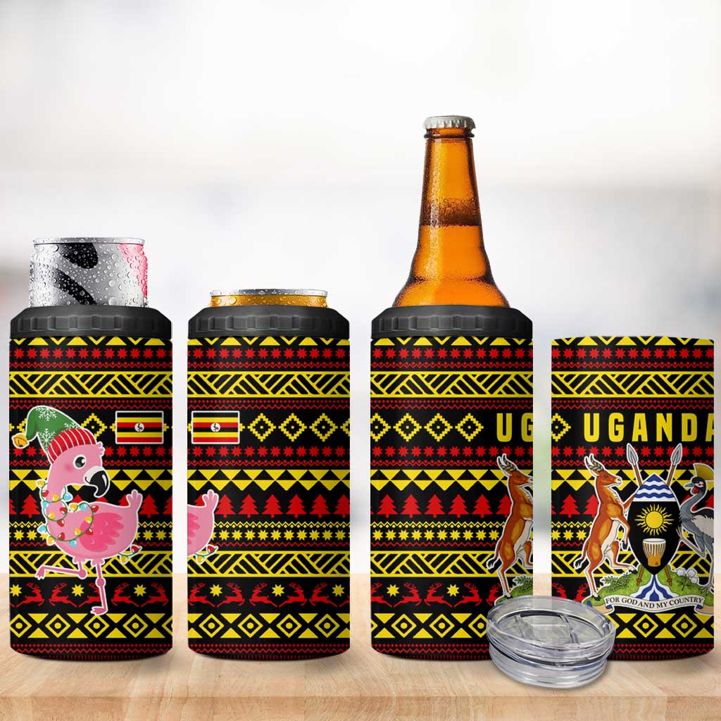 Uganda Christmas 4 in 1 Can Cooler Tumbler Flamingo Lights Uganda Flag and Black Red Yellow - African Pride