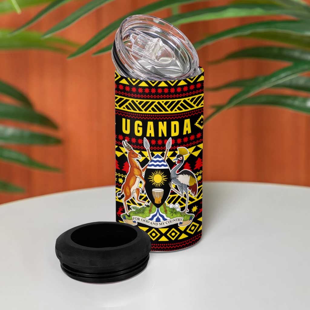 Uganda Christmas 4 in 1 Can Cooler Tumbler Flamingo Lights Uganda Flag and Black Red Yellow - African Pride